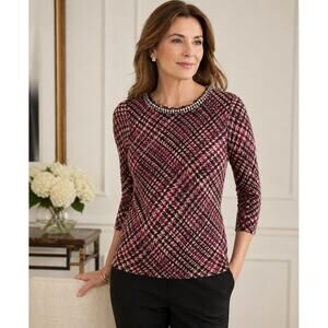 Talbots Pure Cashmere Embellished Neck Sweater Petite Burgundy Plaid